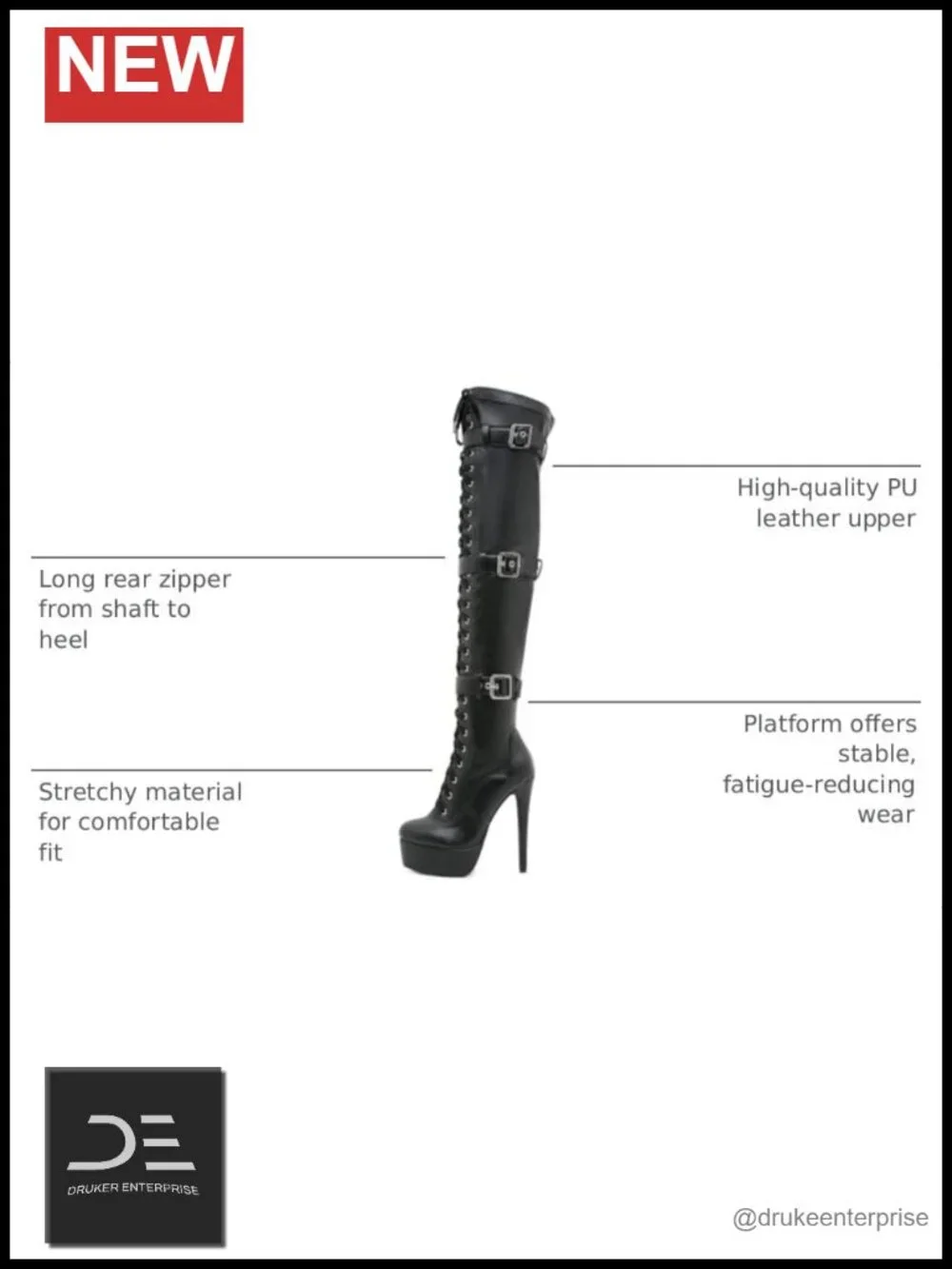 Women Over The Knee Platform Boots High Heel Stretch PU Leather Rear Zip Lace Up